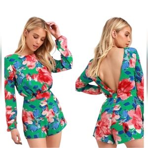 Lulús Sweetest Song Green Floral Print Backless Long Sleeve Romper Size M Medium